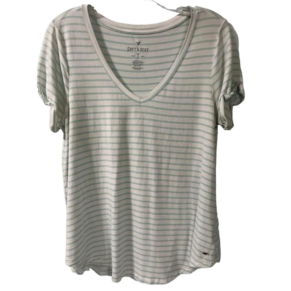 American Eagle Outfitters AEO Soft & Sexy T Stripe Size XS Lime Green White